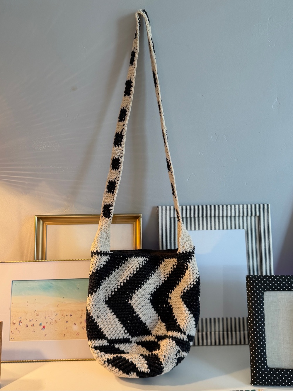 World market bucket bag Black and Cream Knit Crossbody